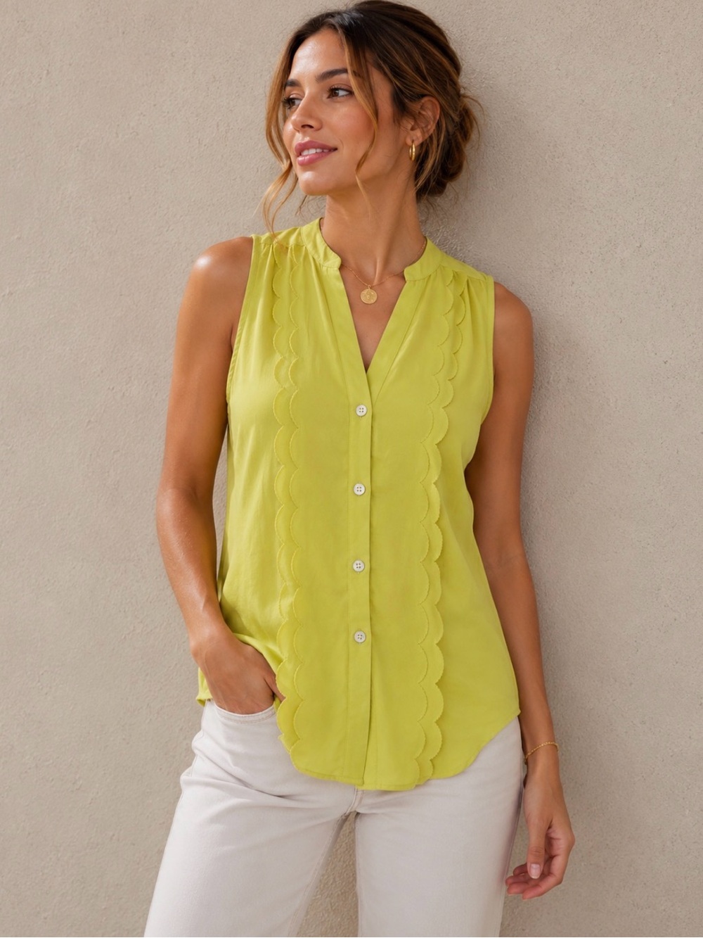 Anthro/Meadow Rue Scallop Blouse yellow/green color size 4